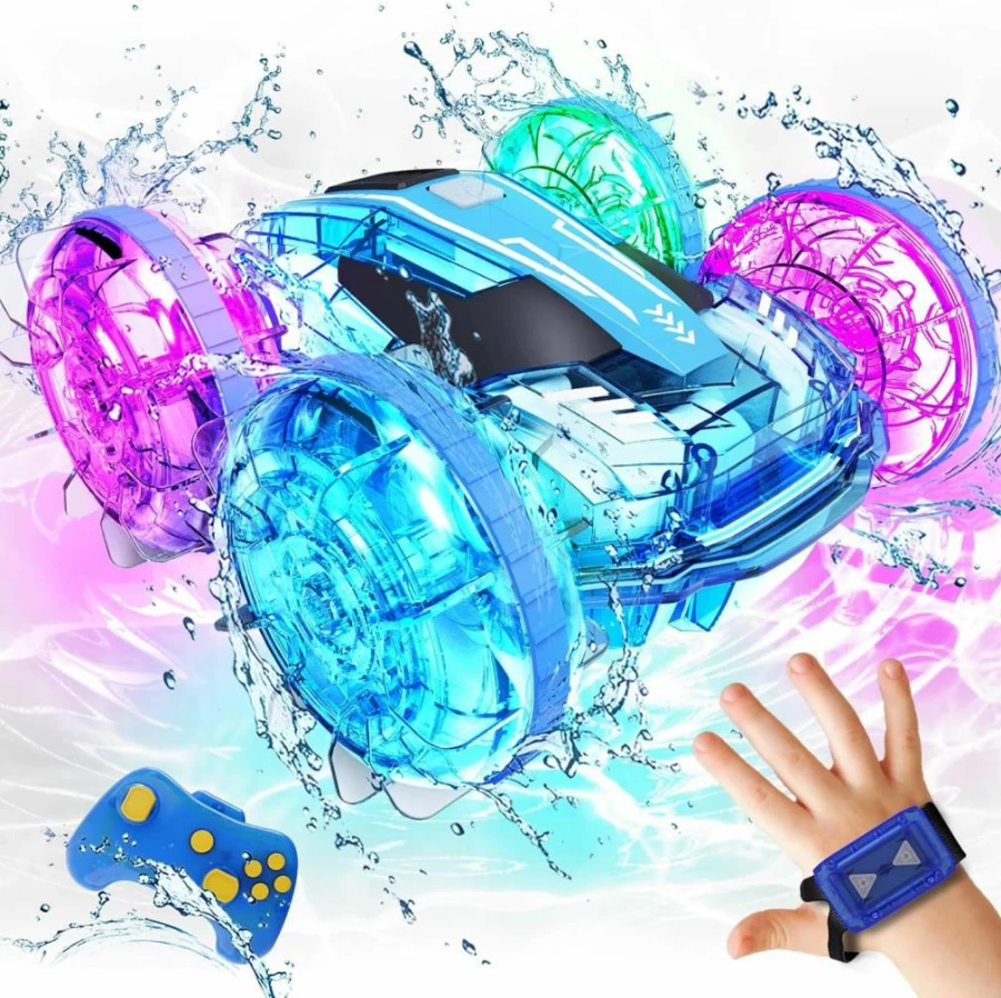Tecnock 4WD Amphibious RC Car Boat for Kids, 2.4GHz Waterproof Stunt Vehicle with LED Lights, Gesture Remote Control, Pool Toy Gift for Boys and Girls