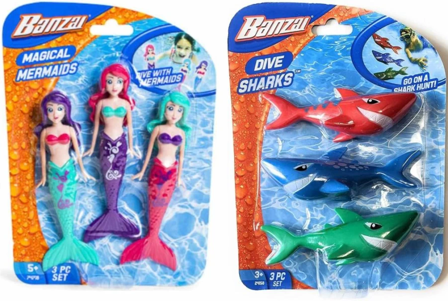 BANZAI 3-Piece Magical Mermaid Dolls and Shark Pool Toys Bundle for Kids - Fun Swimming Pool Play Set
