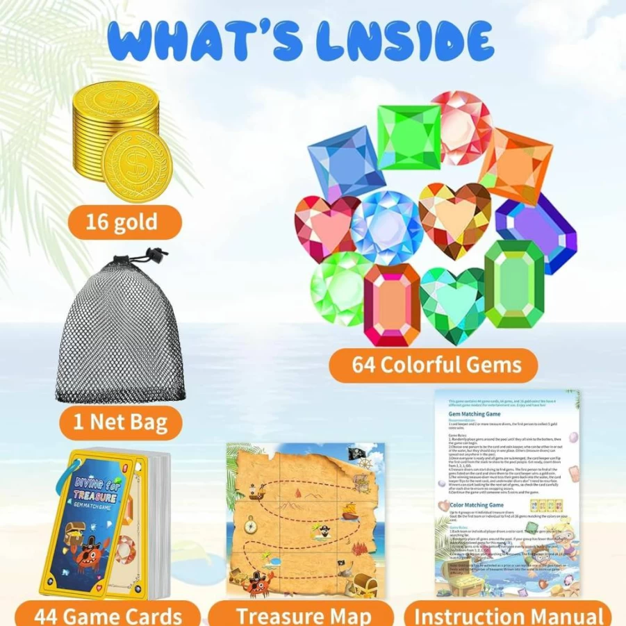 SEBBEEUESEN 5-in-1 Dive and Discover Gems Game Set - Fun Pool Toys for Kids Ages 6-16, Underwater Treasure Hunt Activity for Summer Water Play