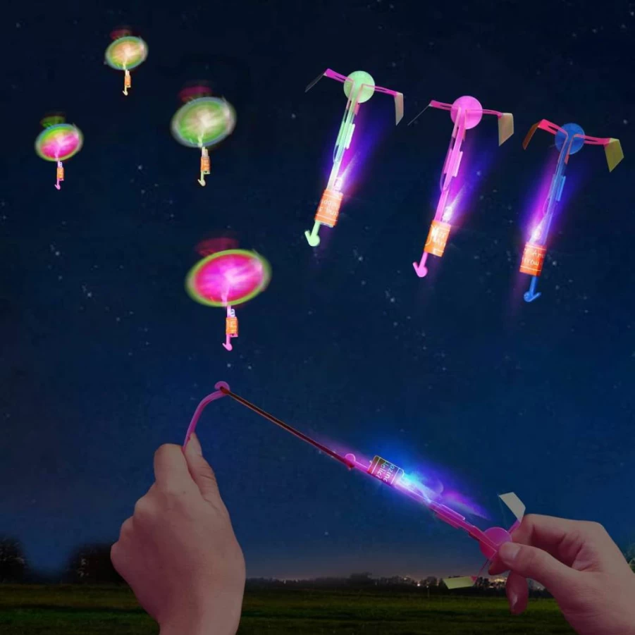 25 Sets LPVOQPTH LED Flying Toys with Slingshot & Glow Helicopter - 50 Pcs Outdoor Party Favors for Kids, Glow in The Dark Birthday Supplies for Ages 4-8, 8-12