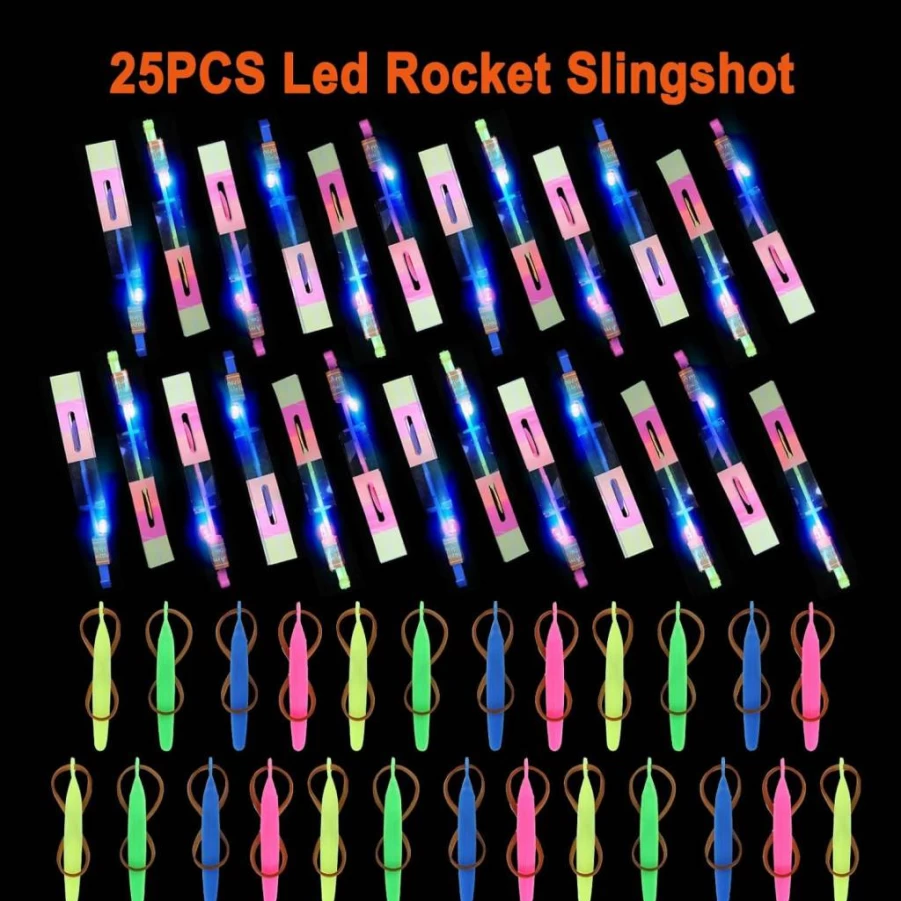 25 Sets LPVOQPTH LED Flying Toys with Slingshot & Glow Helicopter - 50 Pcs Outdoor Party Favors for Kids, Glow in The Dark Birthday Supplies for Ages 4-8, 8-12