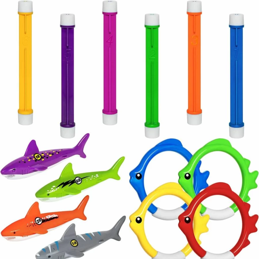 14 Pcs Kids Pool Toys Set by Korlon Tec - Diving Rings, Shark Torpedo Bandits for Swimming Training, Fun Summer Underwater Games for Ages 4-8