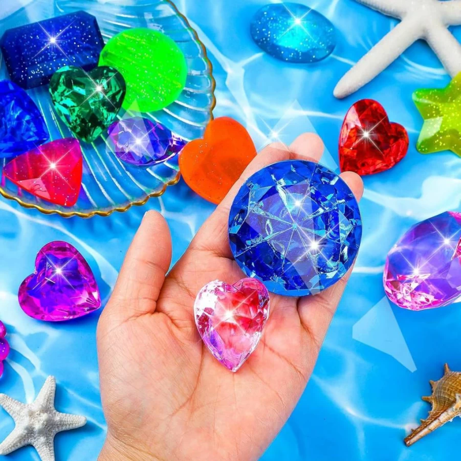 MARFOREVER 16-Piece Pool Diving Gems Set with 2 Extra Large 60mm Gems, Colorful Pirate Treasure Chest Toys for Kids, Summer Swimming Training Games, Underwater Fun for Boys and Girls