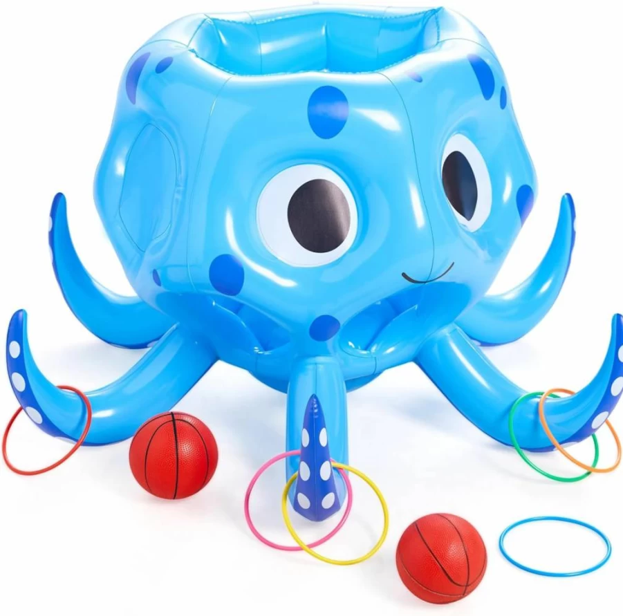 Sloosh 2-in-1 Inflatable Pool Float with Octopus Basketball Hoop & Ring Toss Game for Kids and Adults - Outdoor Water Play for Swimming Pools