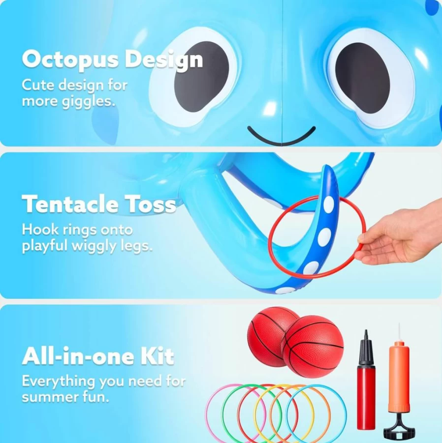 Sloosh 2-in-1 Inflatable Pool Float with Octopus Basketball Hoop & Ring Toss Game for Kids and Adults - Outdoor Water Play for Swimming Pools