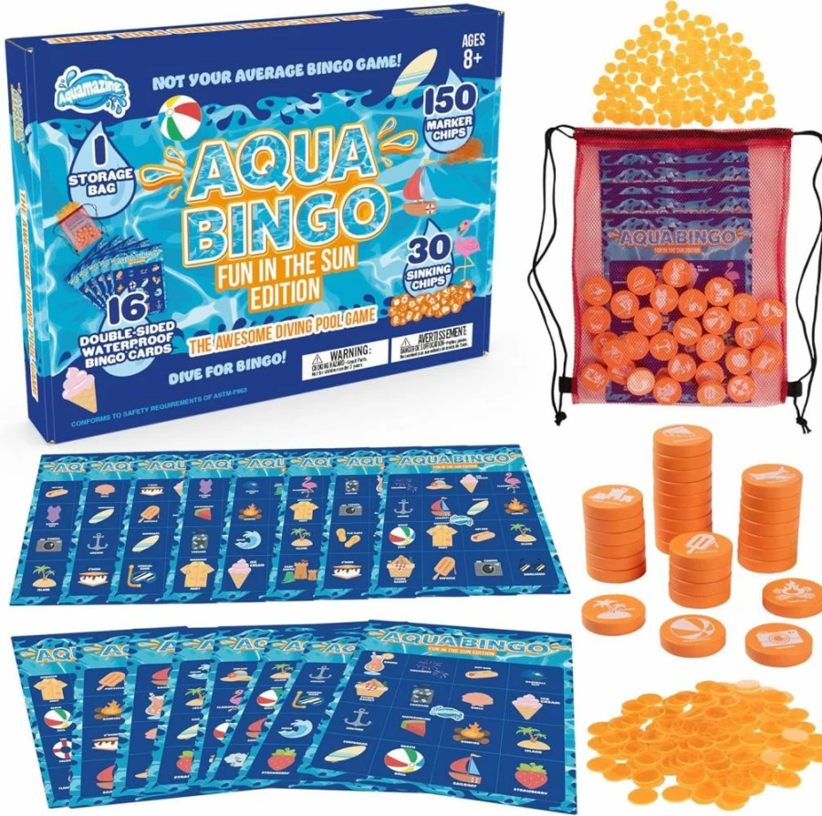 SCS Direct Pool Bingo Diving Game for Kids - Animal Themed Underwater Number Cards, 16 Waterproof Play Boards, 150 Marker Chips, Summer Party Water Games, Outdoor Swimming Pool Toys Gift for Children