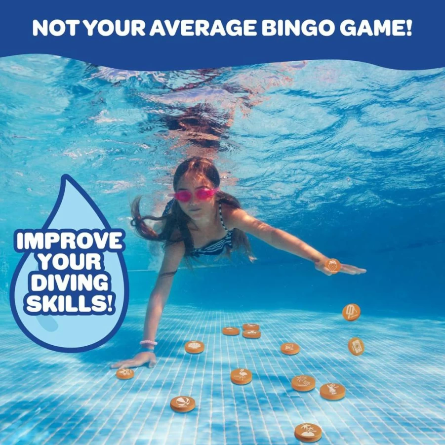 SCS Direct Pool Bingo Diving Game for Kids - Animal Themed Underwater Number Cards, 16 Waterproof Play Boards, 150 Marker Chips, Summer Party Water Games, Outdoor Swimming Pool Toys Gift for Children