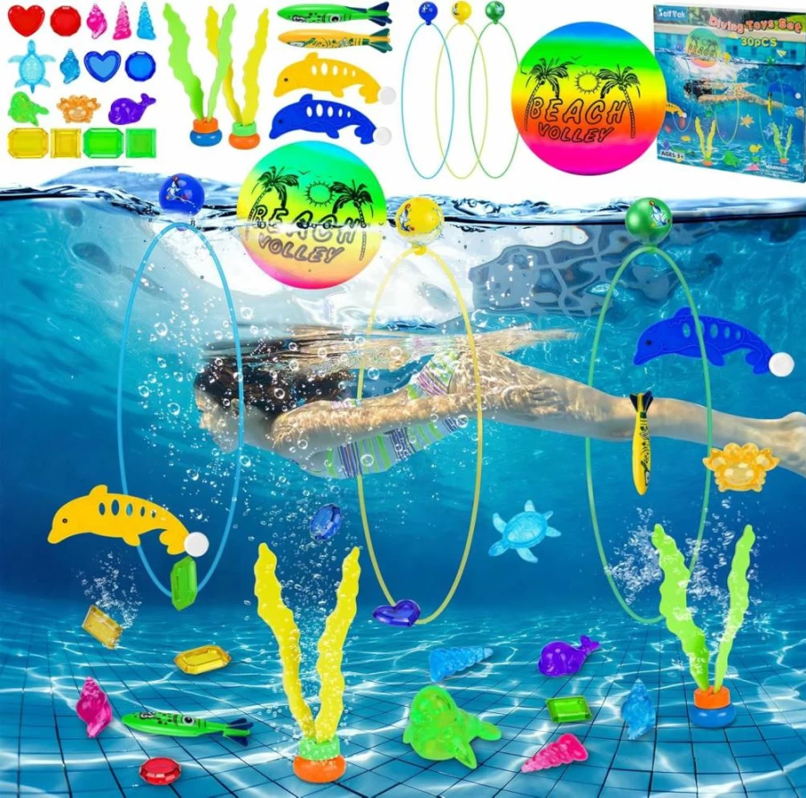 SelfTek 30-Piece Swimming Pool Toy Set for Kids & Adults - Dive Rings, Gems, Torpedoes, Balls for Underwater Training & Pool Games Ages 3-12
