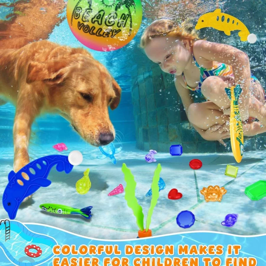 SelfTek 30-Piece Swimming Pool Toy Set for Kids & Adults - Dive Rings, Gems, Torpedoes, Balls for Underwater Training & Pool Games Ages 3-12
