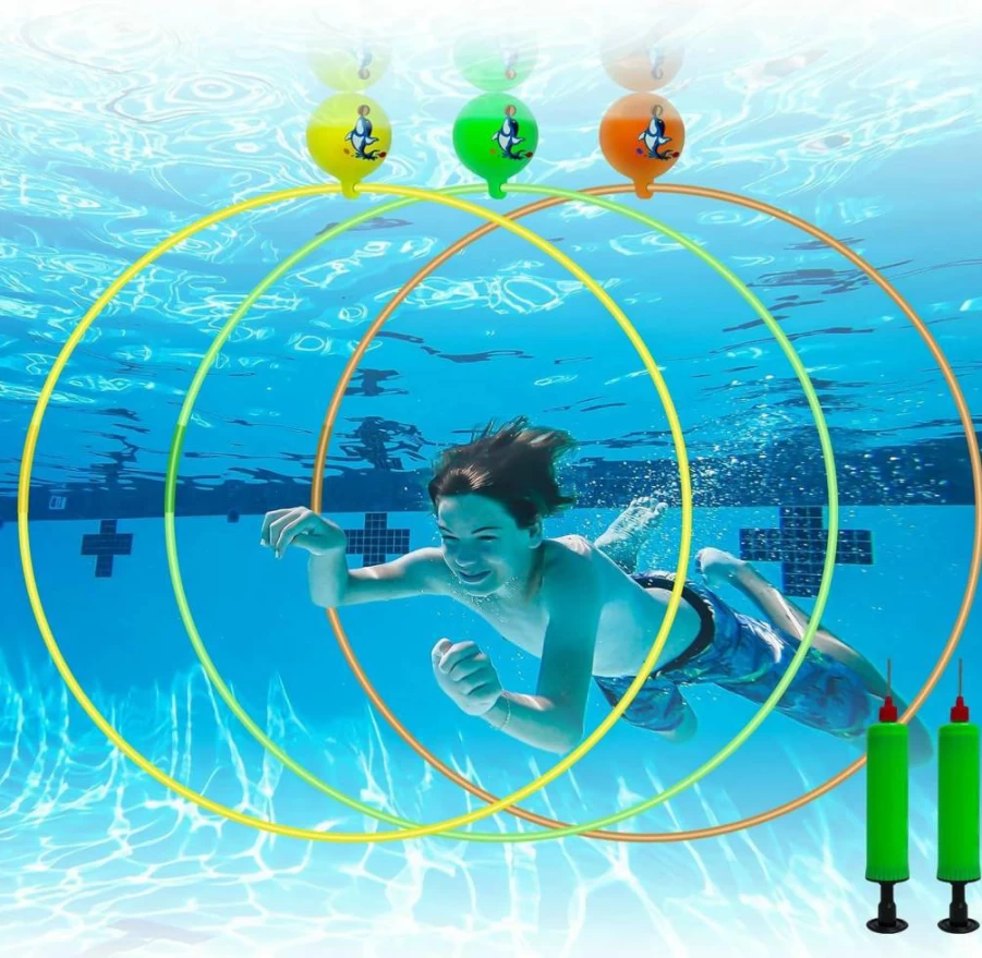 Amoupup 3 Pack 32 Inch Floating Diving Rings - Pool Swim Toys for Kids and Adults, Includes 2 Inflators, Fun Water Games for Summer