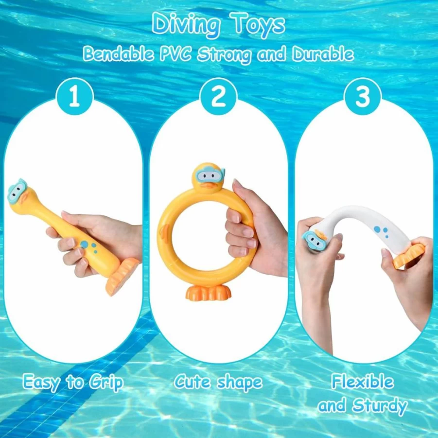 KCTAOL 3Pcs Diving Pool Toys for Kids - Floating Duck, Sinking Rings, Underwater Swim Game for Boys & Girls Ages 3-12, Summer Bath & Pool Fun