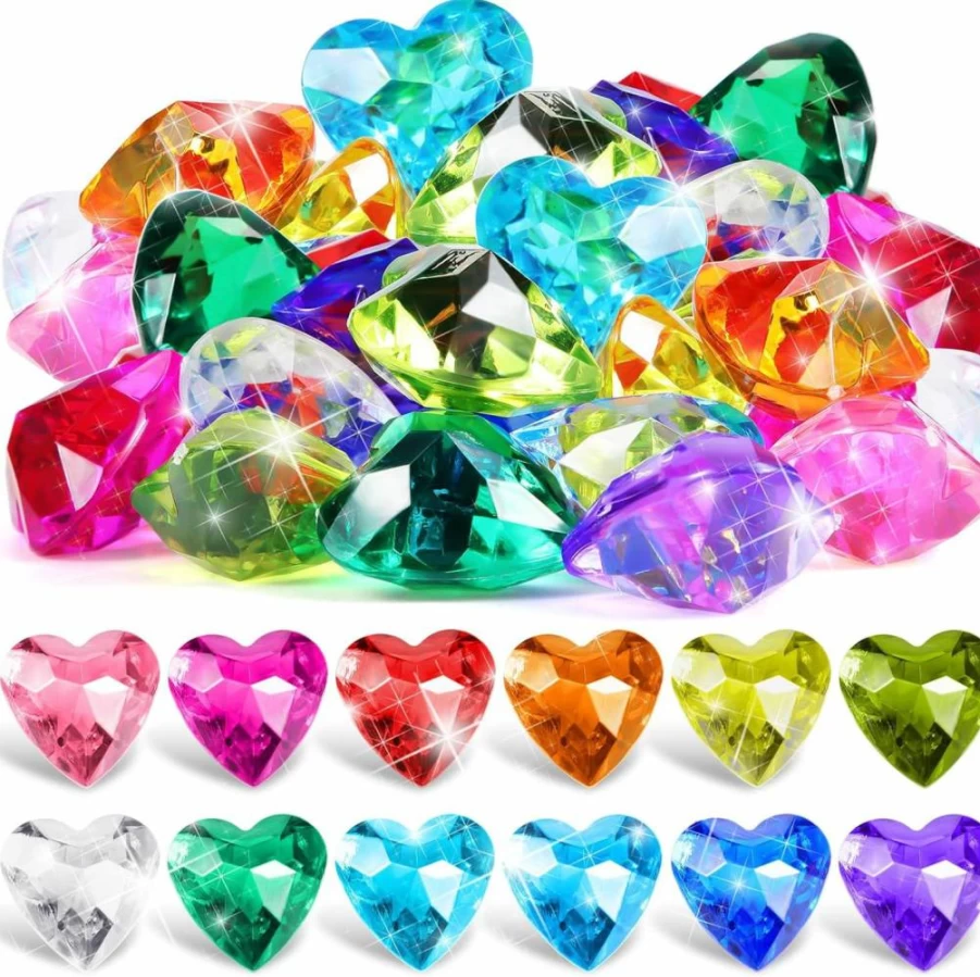 Hicarer 100-Piece Colorful Acrylic Diamond & Heart Shaped Pool Gems for Kids - Summer Beach Swimming & Diving Training Toys for Boys and Girls