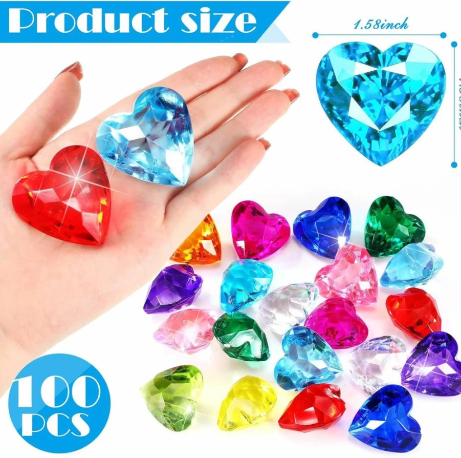 Hicarer 100-Piece Colorful Acrylic Diamond & Heart Shaped Pool Gems for Kids - Summer Beach Swimming & Diving Training Toys for Boys and Girls