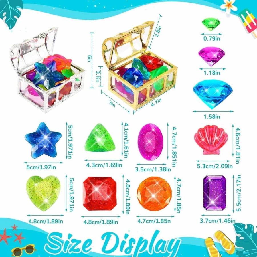 MARFOREVER 60mm Large Colorful Acrylic Diamond Pool Toys for Kids - Pirate Treasure Diving Gems Set for Swimming Training, Summer Party Favors, Boys & Girls Gifts