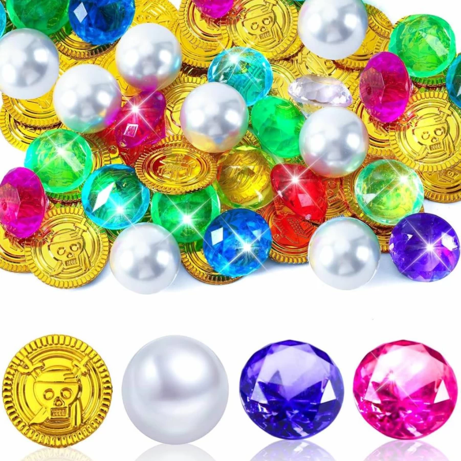 MARFOREVER 48 Pcs Pirate Treasure Set - Gold Coins, Acrylic Gems, Pearls for Pool Party, Halloween Decor, Birthday Favors, Adventure Themed Events