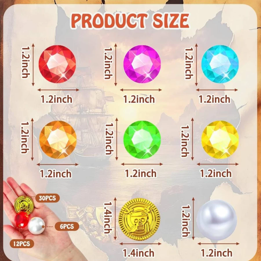 MARFOREVER 48 Pcs Pirate Treasure Set - Gold Coins, Acrylic Gems, Pearls for Pool Party, Halloween Decor, Birthday Favors, Adventure Themed Events