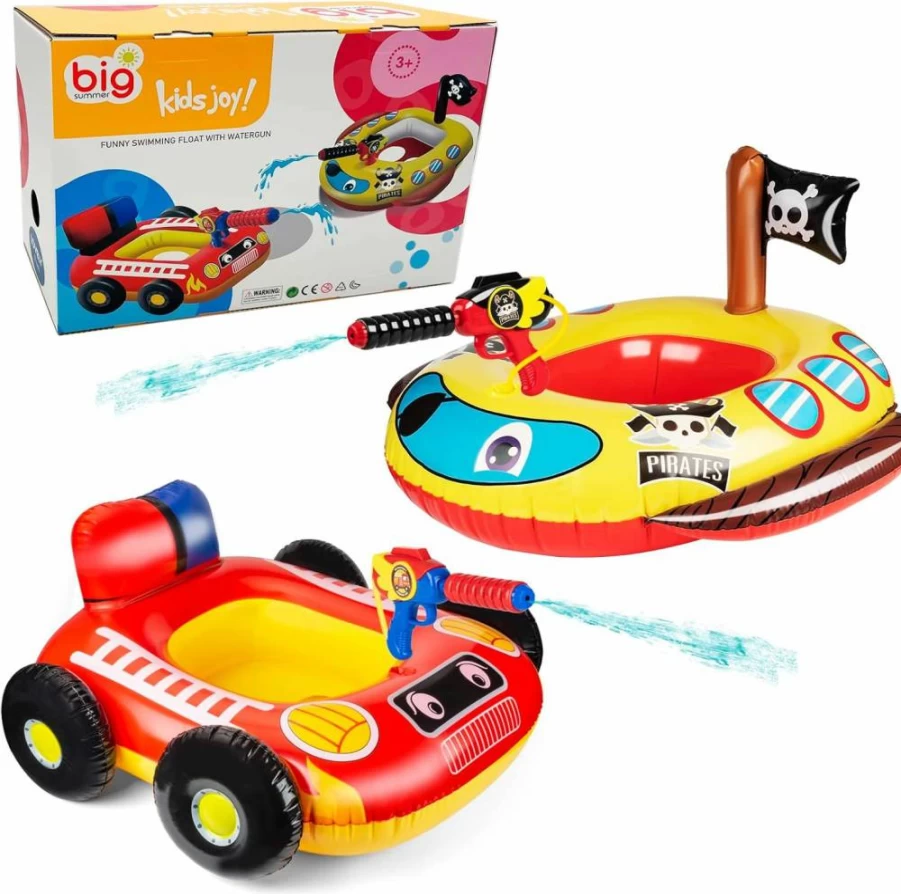 10Leccion 2 Pack Kids Inflatable Pool Floats with Water Guns - Fire Truck & Pirate Ship Floaties for Ages 4-8, Fun Swimming Pool Toys for Boys and Girls