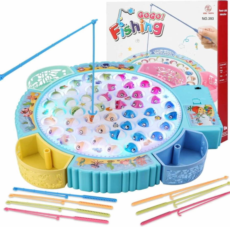 Pakoo Magnetic Fishing Game Toy for Kids Ages 3-7 - Rotating Musical Board with 45 Fish & 8 Poles, Fun Educational Party Activity for Toddlers & Children