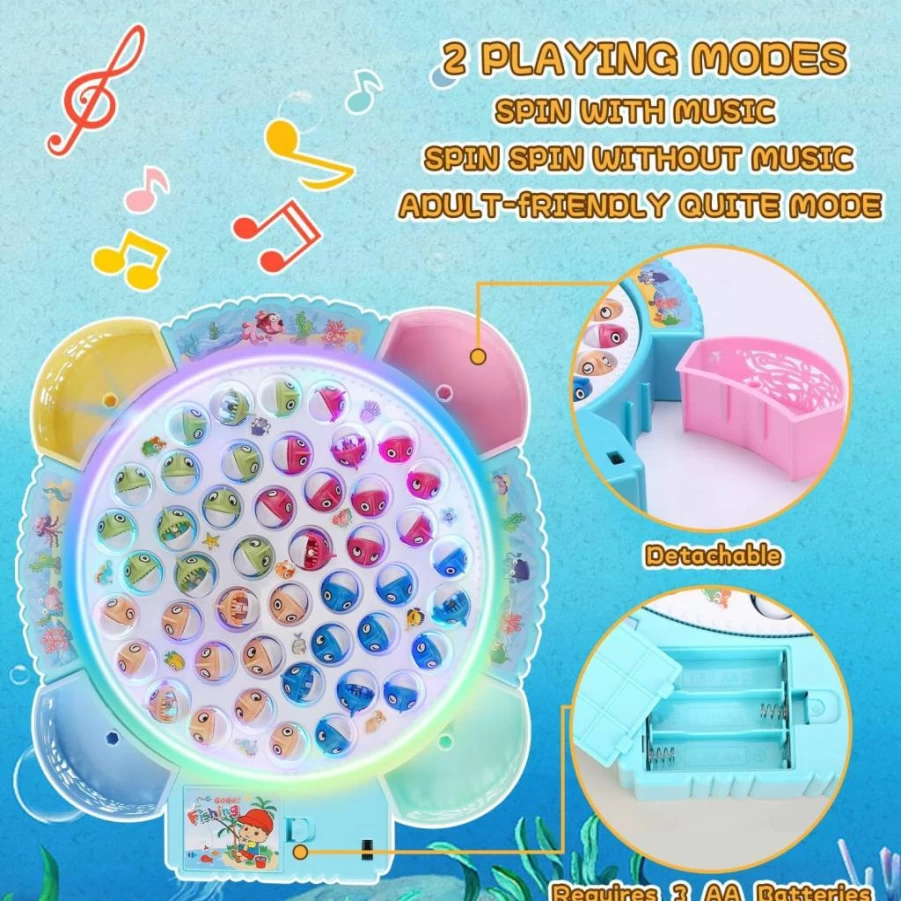 Pakoo Magnetic Fishing Game Toy for Kids Ages 3-7 - Rotating Musical Board with 45 Fish & 8 Poles, Fun Educational Party Activity for Toddlers & Children