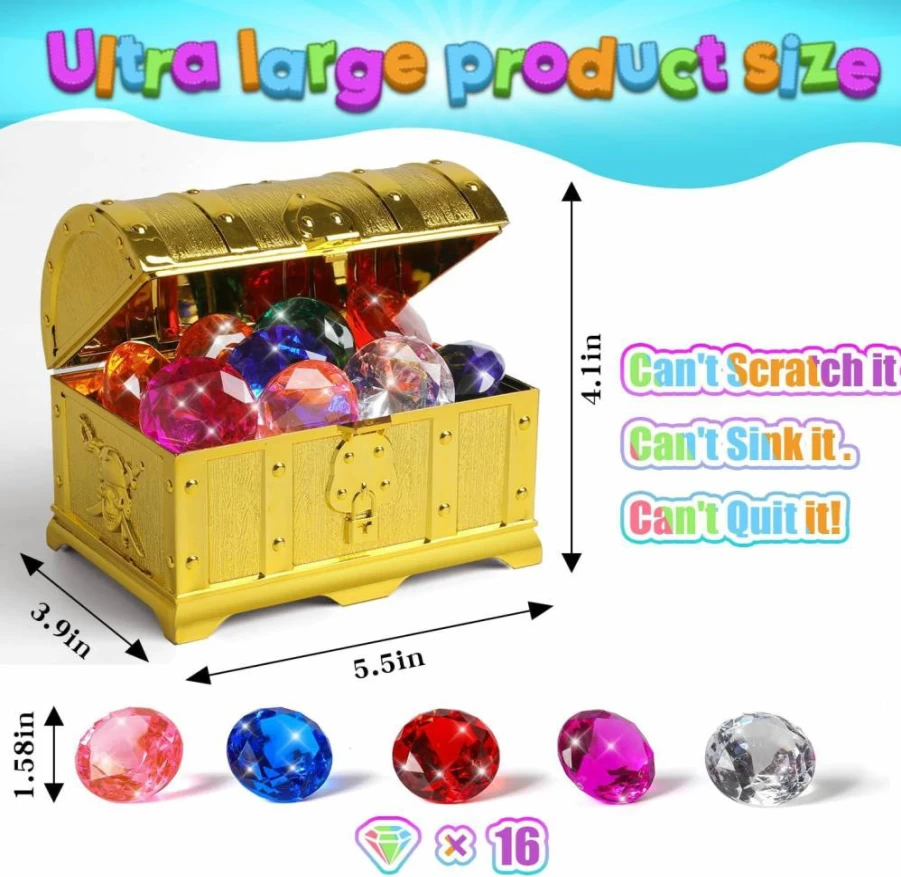 CEMECER 16Pcs Colorful Acrylic Gemstones for Pool Diving Toys, Pirate Treasure Hunt Underwater Jewels, Swimming Training Dive Throw Set, Kids Party Gift