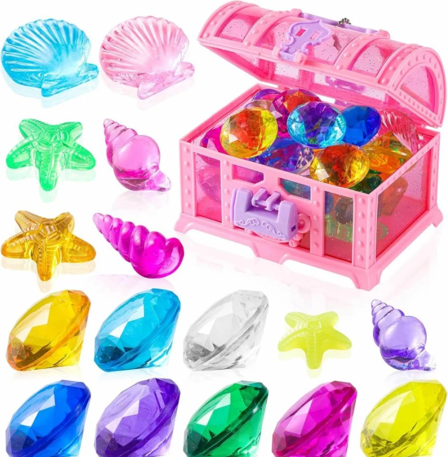 NHBTYKL 28-Piece Colorful Pirate Treasure Diving Toys Set with Treasure Box for Kids - 30-40mm Multicolor Pool Gems for Underwater Swimming Fun
