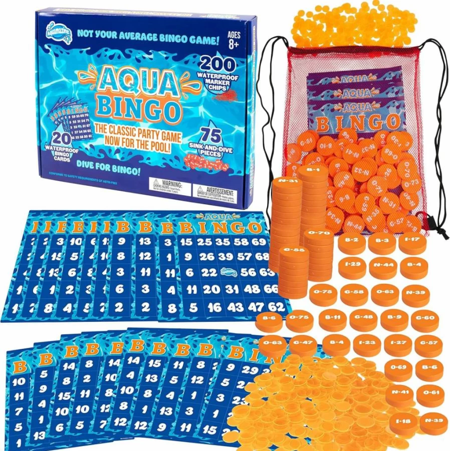 SCS Direct Aqua Pool Bingo Diving Game - 75 Sinking Numbers, 10 Waterproof Cards, 200 Marker Chips - Fun Summer Party Game for Adults & Kids at BBQs, Birthdays, Pool Parties