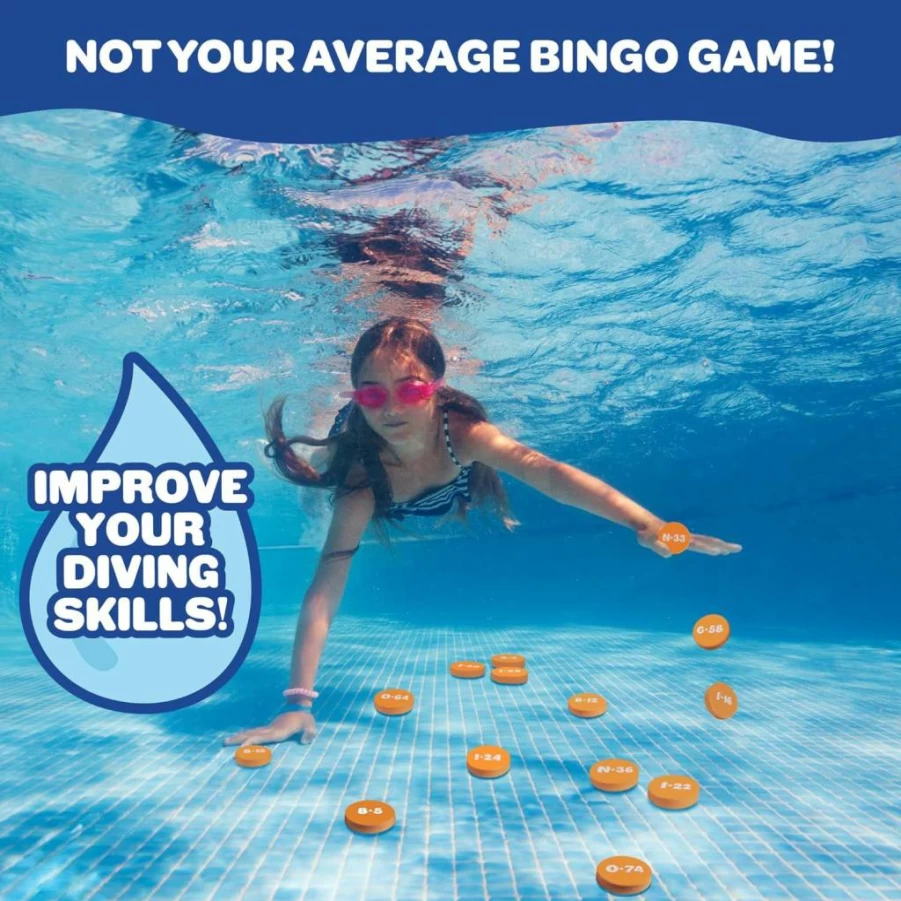 SCS Direct Aqua Pool Bingo Diving Game - 75 Sinking Numbers, 10 Waterproof Cards, 200 Marker Chips - Fun Summer Party Game for Adults & Kids at BBQs, Birthdays, Pool Parties