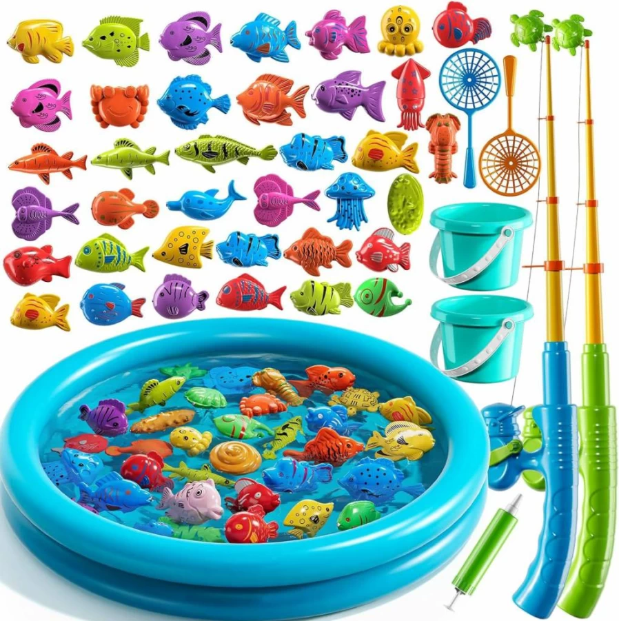 JUKUDAHU Magnetic Fishing Game for Kids - Floating Fish Toys with Pool, Fishing Rod & Net, Outdoor Bath Toy Set for Toddlers Ages 3-8, Birthday Party Gifts for Boys & Girls
