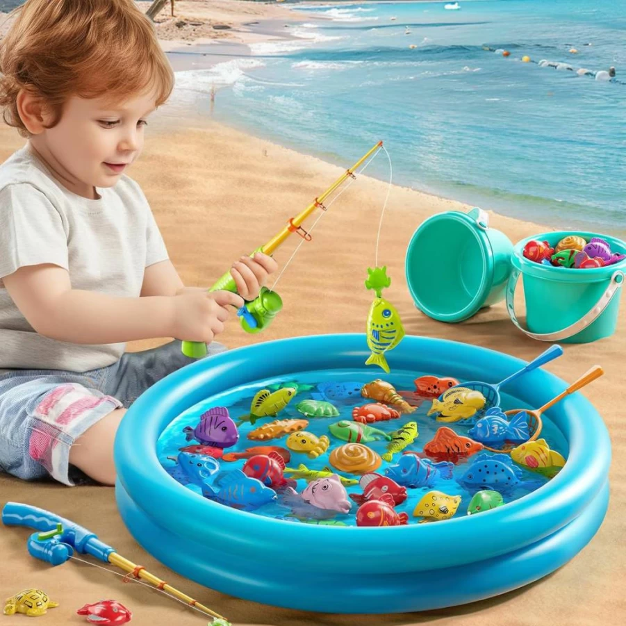 JUKUDAHU Magnetic Fishing Game for Kids - Floating Fish Toys with Pool, Fishing Rod & Net, Outdoor Bath Toy Set for Toddlers Ages 3-8, Birthday Party Gifts for Boys & Girls