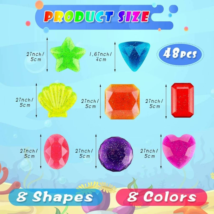 Jerify 48 Pcs Colorful Dive Gems Set for Pool Games, 8 Styles - Summer Swimming Pool Treasure Hunt Toys for Kids, Beach Decorations & Underwater Party Supplies