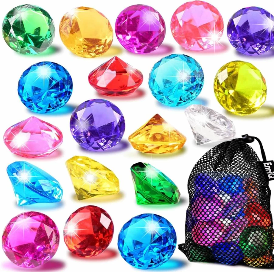 EnriQ Diving Gems Pool Toys for Kids - 18 Colorful Acrylic Diamonds for Swim Training, Underwater Games, Party Decor, and Vase Fillers