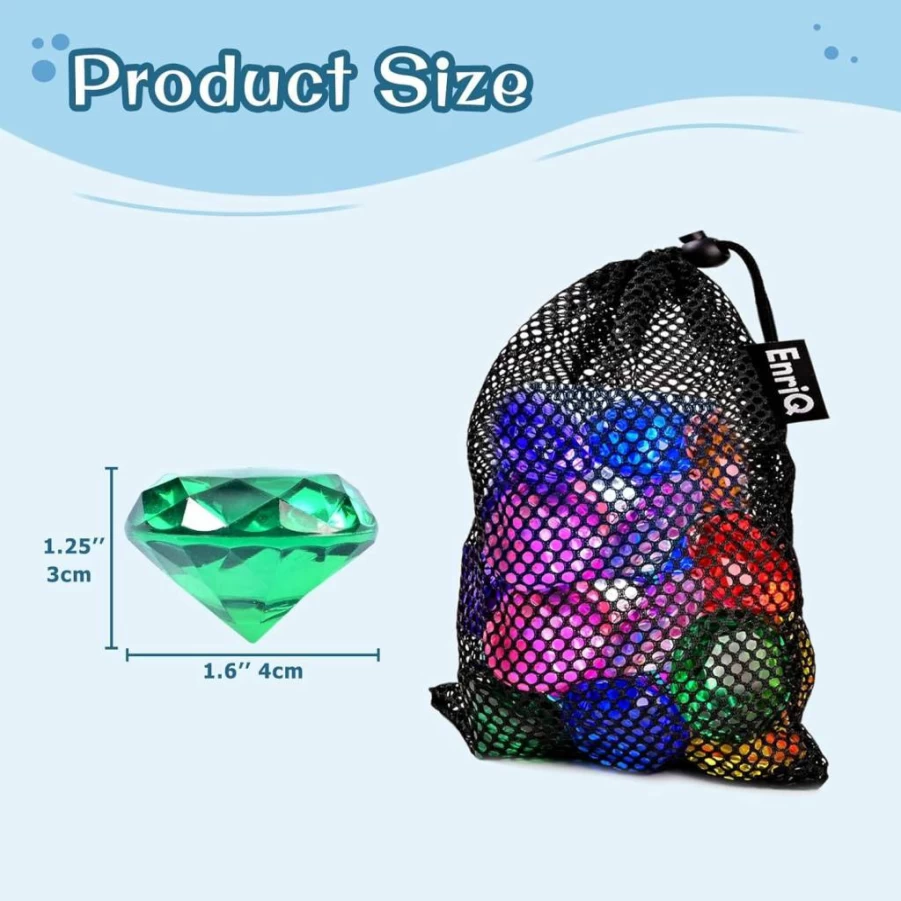 EnriQ Diving Gems Pool Toys for Kids - 18 Colorful Acrylic Diamonds for Swim Training, Underwater Games, Party Decor, and Vase Fillers