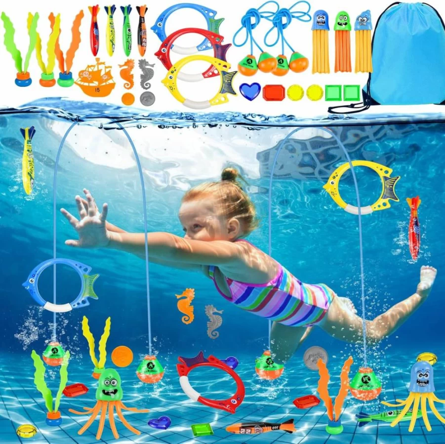 Hysagtek 27Pcs Kids Pool Toys Set - Swim Thru Doors, Diving Rings, Torpedoes for Ages 4-12, Fun Swimming & Diving Games for Children