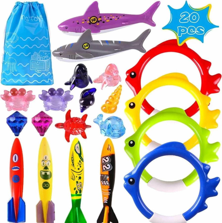 Woplagyreat 20-Piece Kids Swimming Toys Set - Fun Underwater Dive Game with Torpedo, Gems, Shark Rings & Sea Animals, Includes Storage Bag for Boys & Girls
