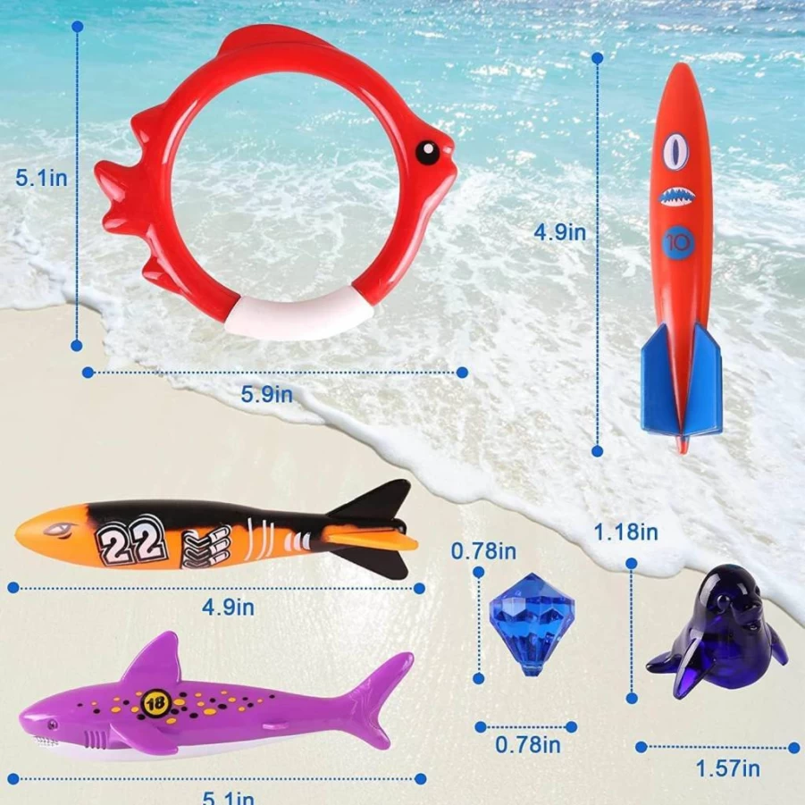 Woplagyreat 20-Piece Kids Swimming Toys Set - Fun Underwater Dive Game with Torpedo, Gems, Shark Rings & Sea Animals, Includes Storage Bag for Boys & Girls