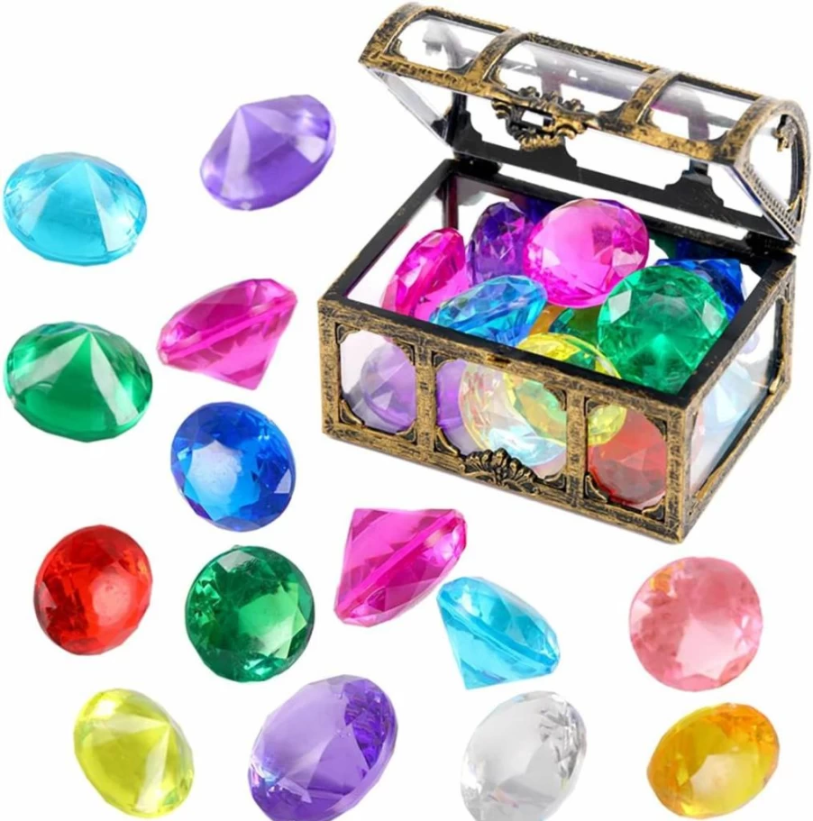 XIJUAN 14-Piece Colorful Diamond Treasure Chest Pool Toy Set for Kids - Pirate Diving Gems, Underwater Sand & Swimming Toys, Summer Beach Game Gift for Boys and Girls (Silver White)