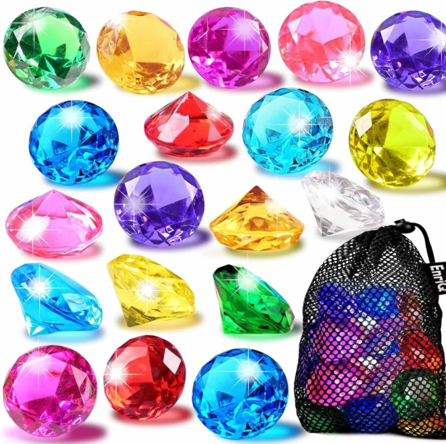 EnriQ 18-Piece Colorful Acrylic Diamond Pool Dive Toys with Mesh Bag for Swimming Training, Summer Party Favors, and Kids Gifts