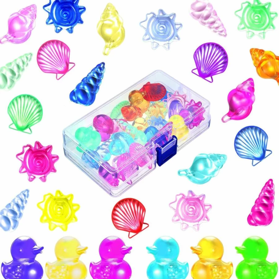 Skylety 24 Pcs Ocean Treasure Diving Gems with Marine Animals - Colorful Acrylic Diamonds for Pool Party, Pirate Treasure Hunt & Underwater Fun - Summer Pool Toys in Clear Storage Box