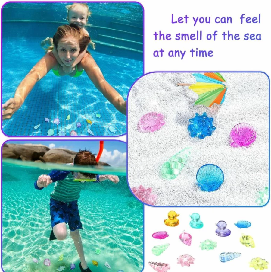Skylety 24 Pcs Ocean Treasure Diving Gems with Marine Animals - Colorful Acrylic Diamonds for Pool Party, Pirate Treasure Hunt & Underwater Fun - Summer Pool Toys in Clear Storage Box