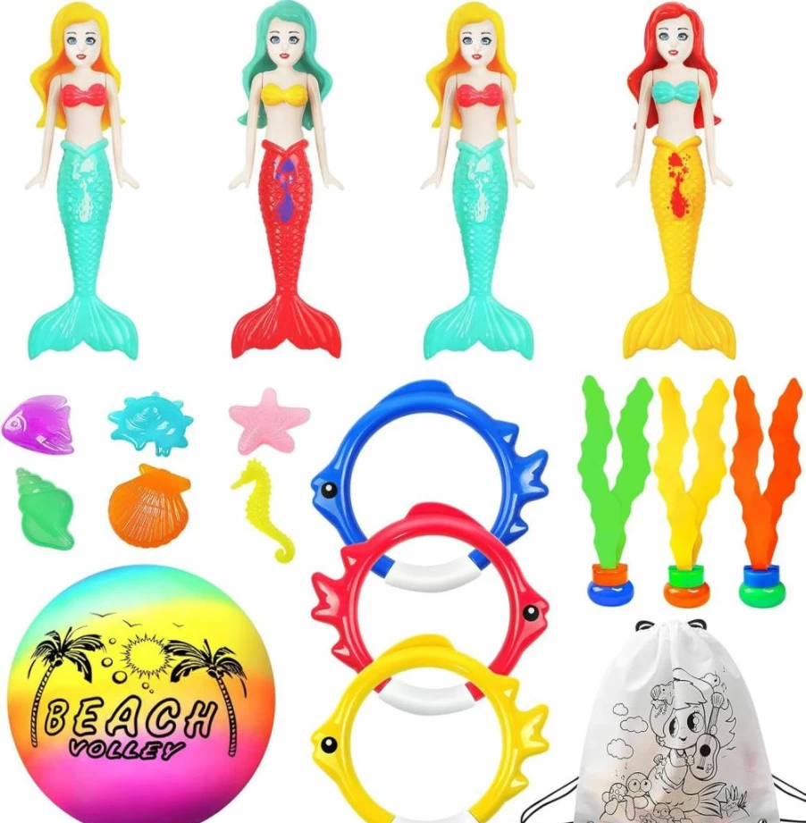 DISHIO Mermaid Dive Toys for Kids - Underwater Sinking Pool Balls, Swim Treasure Fish & Floating Rings with Mesh Bag for Summer Pool Beach Party Games