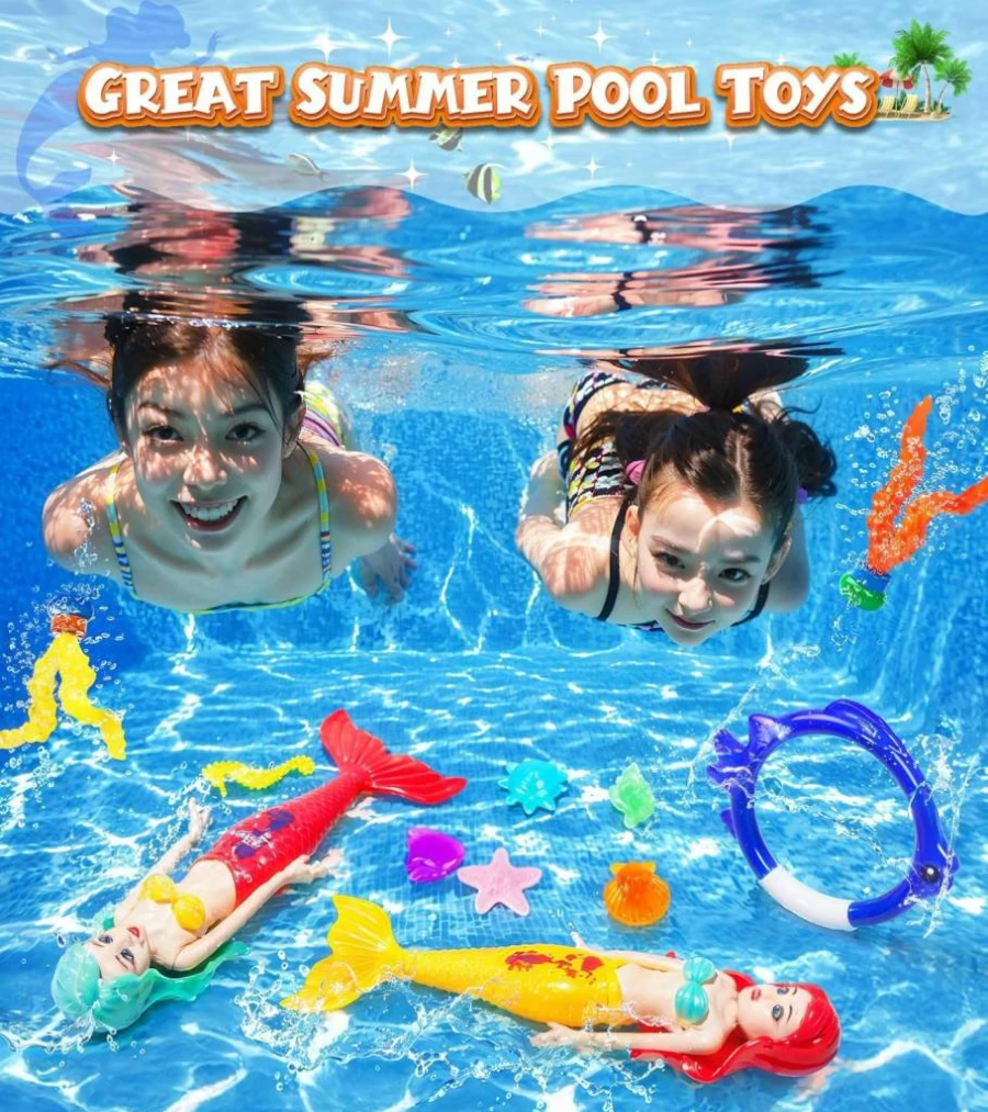 DISHIO Mermaid Dive Toys for Kids - Underwater Sinking Pool Balls, Swim Treasure Fish & Floating Rings with Mesh Bag for Summer Pool Beach Party Games