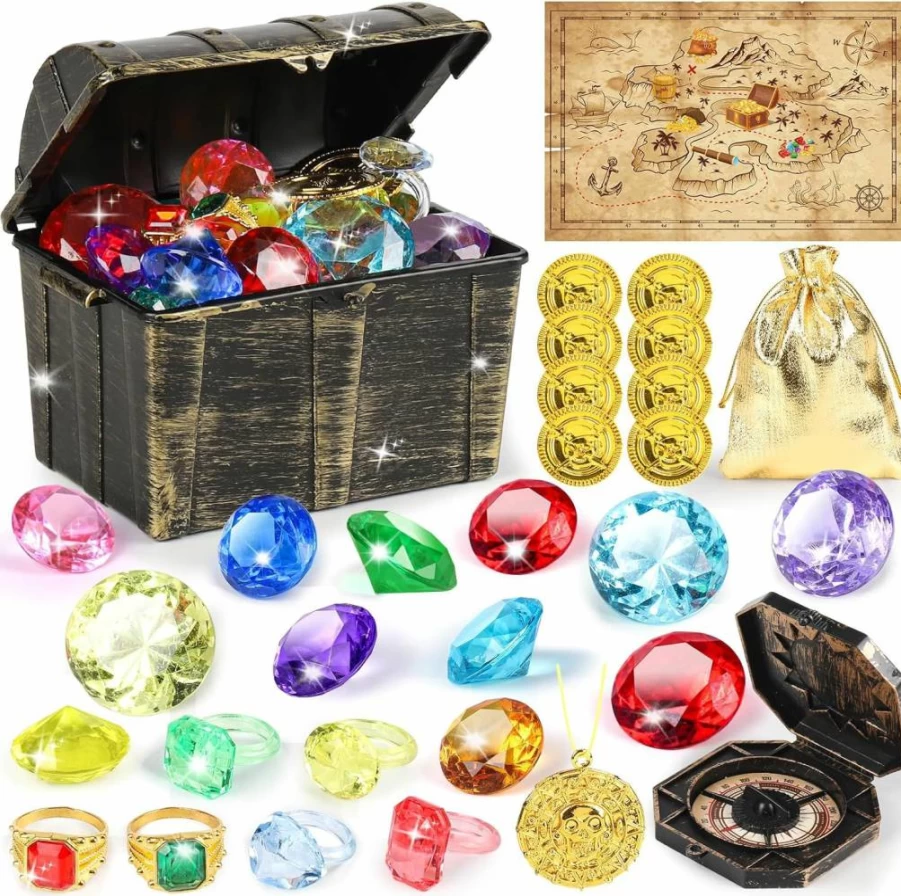 KUBUSFLY 29Pcs Pirate Treasure Hunt Pool Toys for Kids - Dive Diamonds, Gold Coins, Treasure Map, Compass Swimming Pool Diving Game Set for Ages 4 5 6 7 8 9+ Adults