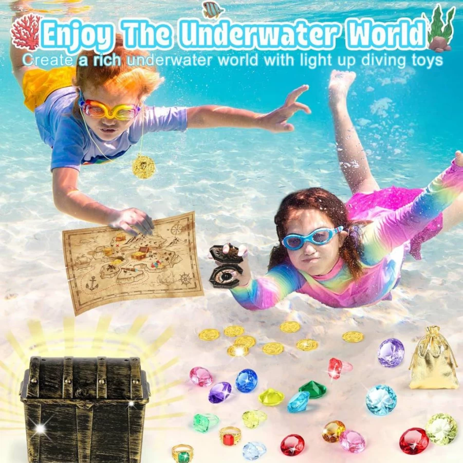KUBUSFLY 29Pcs Pirate Treasure Hunt Pool Toys for Kids - Dive Diamonds, Gold Coins, Treasure Map, Compass Swimming Pool Diving Game Set for Ages 4 5 6 7 8 9+ Adults