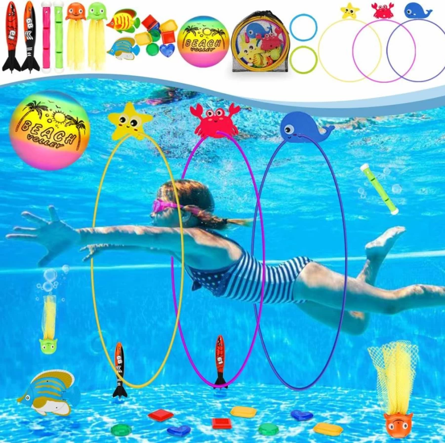 DAUXONE 27 Pcs Kids Pool Toys Set - Dive Sticks, Swim Rings, Underwater Gems & Octopus Toys for Ages 3-12 with Mesh Storage Bag