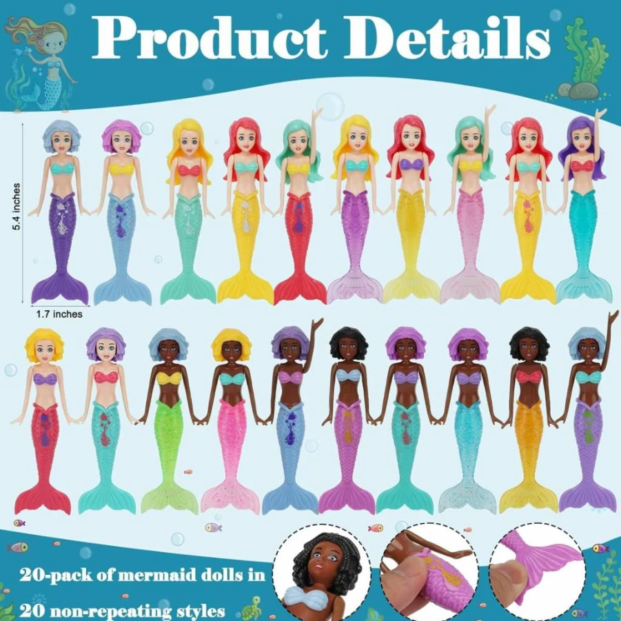 HEYTIMI 20 Pack Mermaid Dive Toys for Kids - Colorful Sinking Pool Games with Glitter Tails, Bath & Swimming Toys for Girls Ages 3-12, Summer Water Play, Non-Repeating Designs