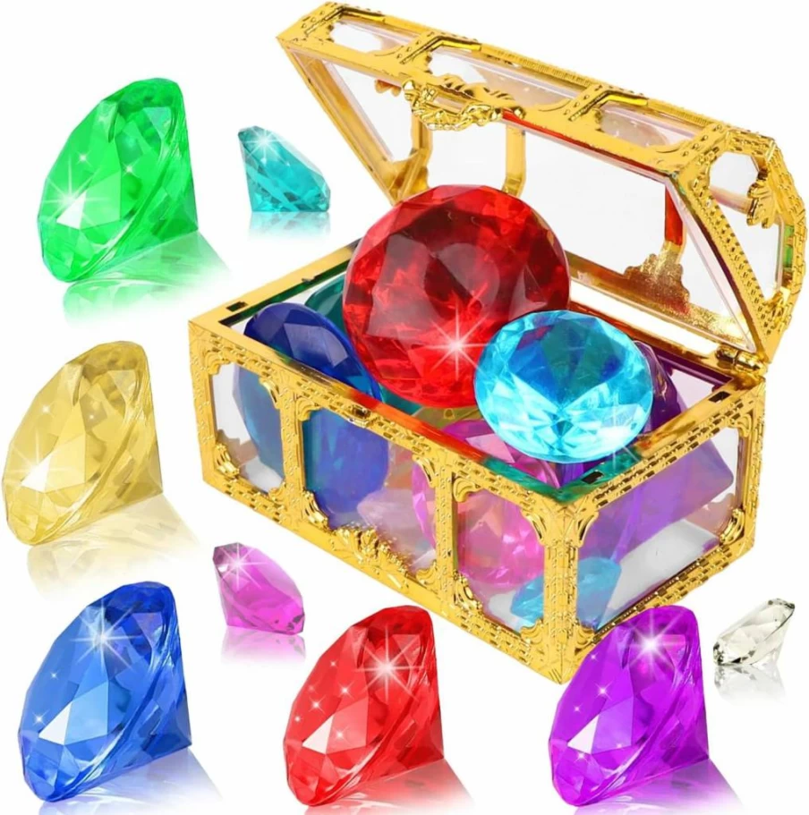 YUJUN 10-Piece Colorful Diving Gemstones Set with Pirate Treasure Chest for Kids Pool Party, Summer Underwater Toys, Swimming Pool Accessories