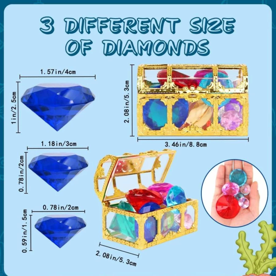 YUJUN 10-Piece Colorful Diving Gemstones Set with Pirate Treasure Chest for Kids Pool Party, Summer Underwater Toys, Swimming Pool Accessories