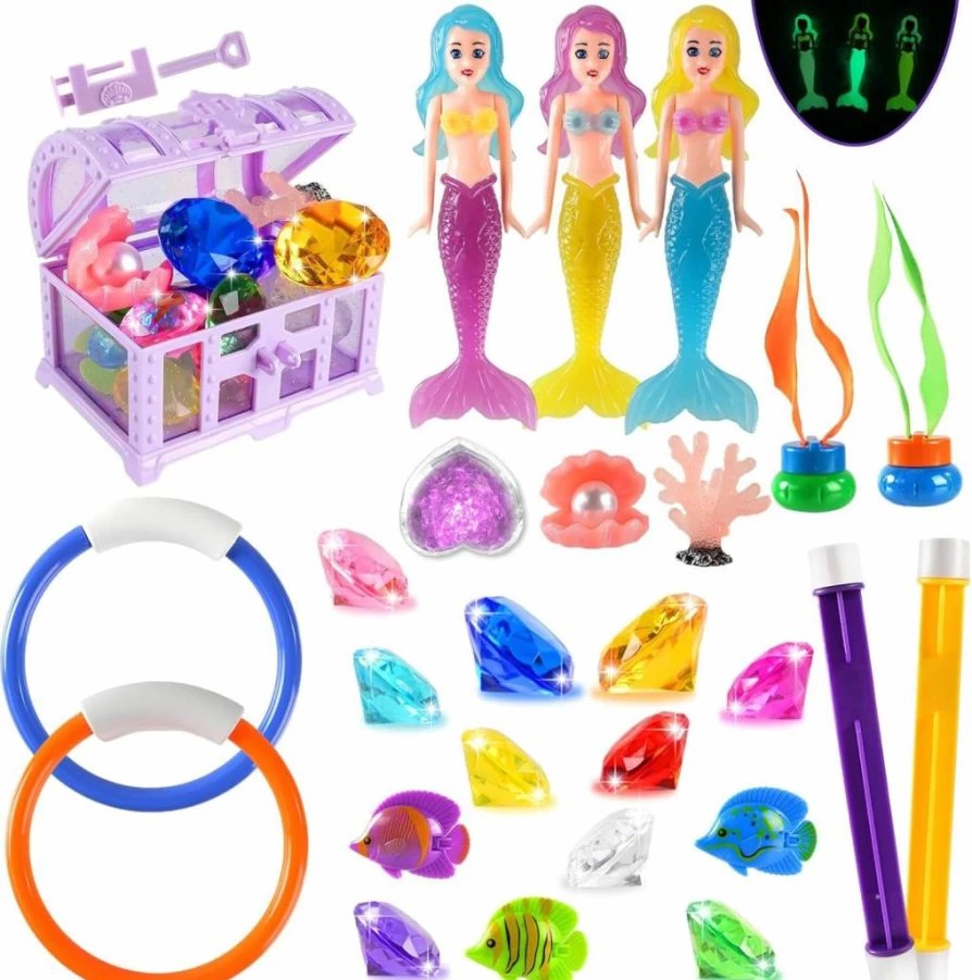 AMZFAVOR 27 Pcs Mermaid Treasure Pool Toys for Kids Ages 4-12, Pirate Gem Hunting Swimming Game Set with Waterproof Chest & Storage Bag, Summer Beach Party Gifts for Boys Girls Toddlers