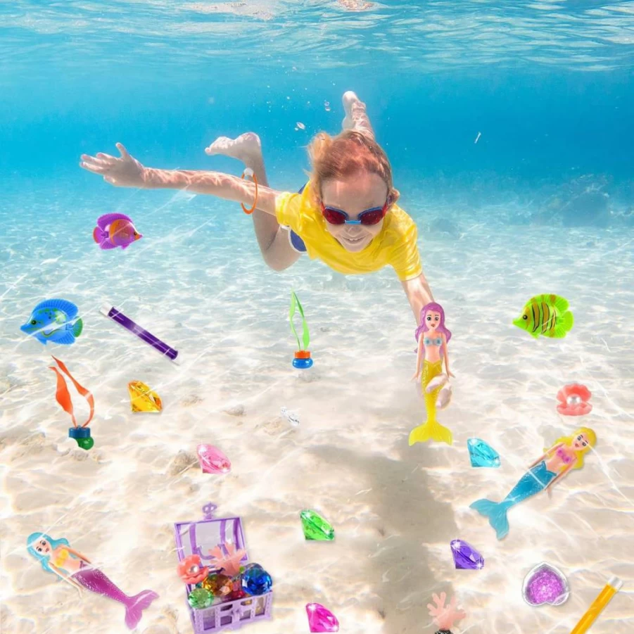 AMZFAVOR 27 Pcs Mermaid Treasure Pool Toys for Kids Ages 4-12, Pirate Gem Hunting Swimming Game Set with Waterproof Chest & Storage Bag, Summer Beach Party Gifts for Boys Girls Toddlers