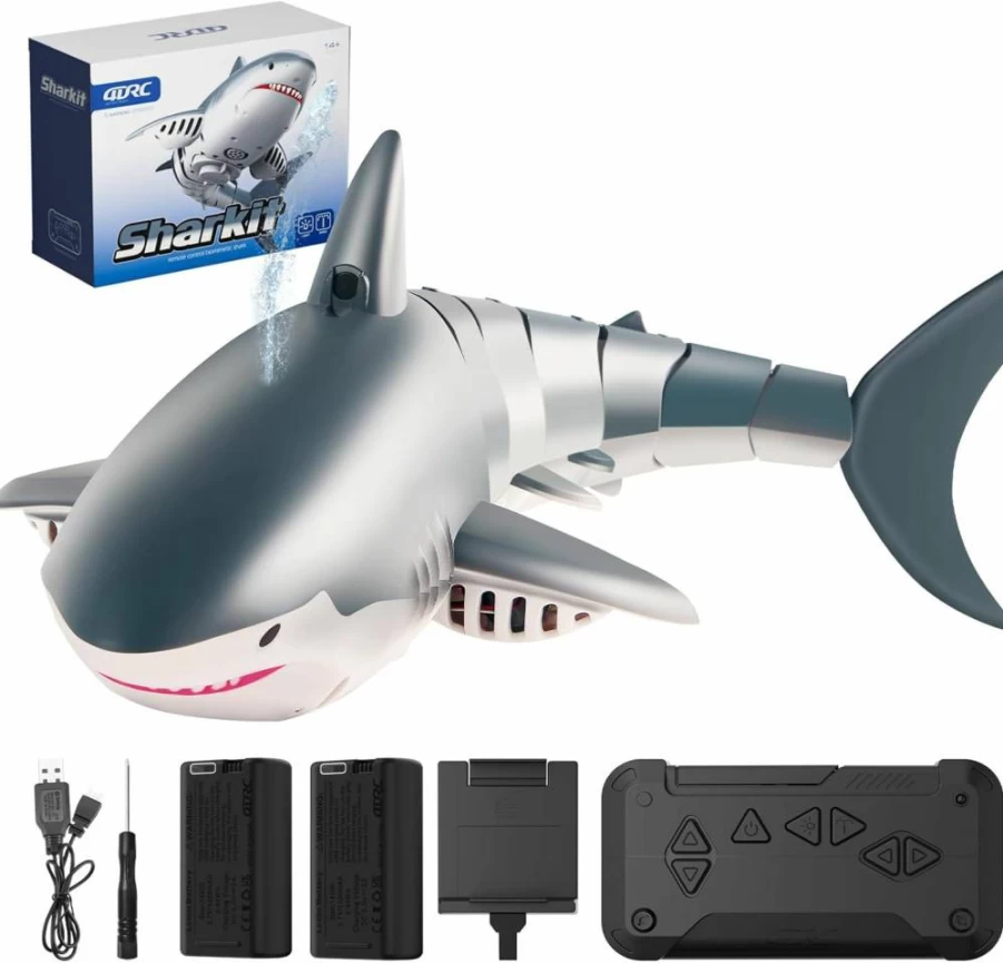 4DRC 2.4G Remote Control Shark Boat Toy for Kids, Electric RC Swimming Pool Toy for Ages 3-7, Bath Toy Gift for Boys and Girls